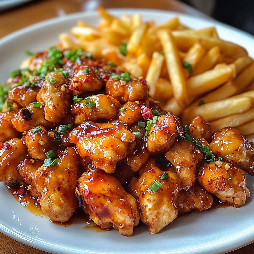 Hähnchen in Chili-Knoblauch-Sauce mit Pommes Frites.