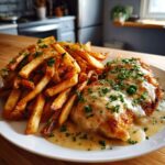 Hähnchenbrust in cremiger Knoblauchsauce mit knusprigen Pommes.