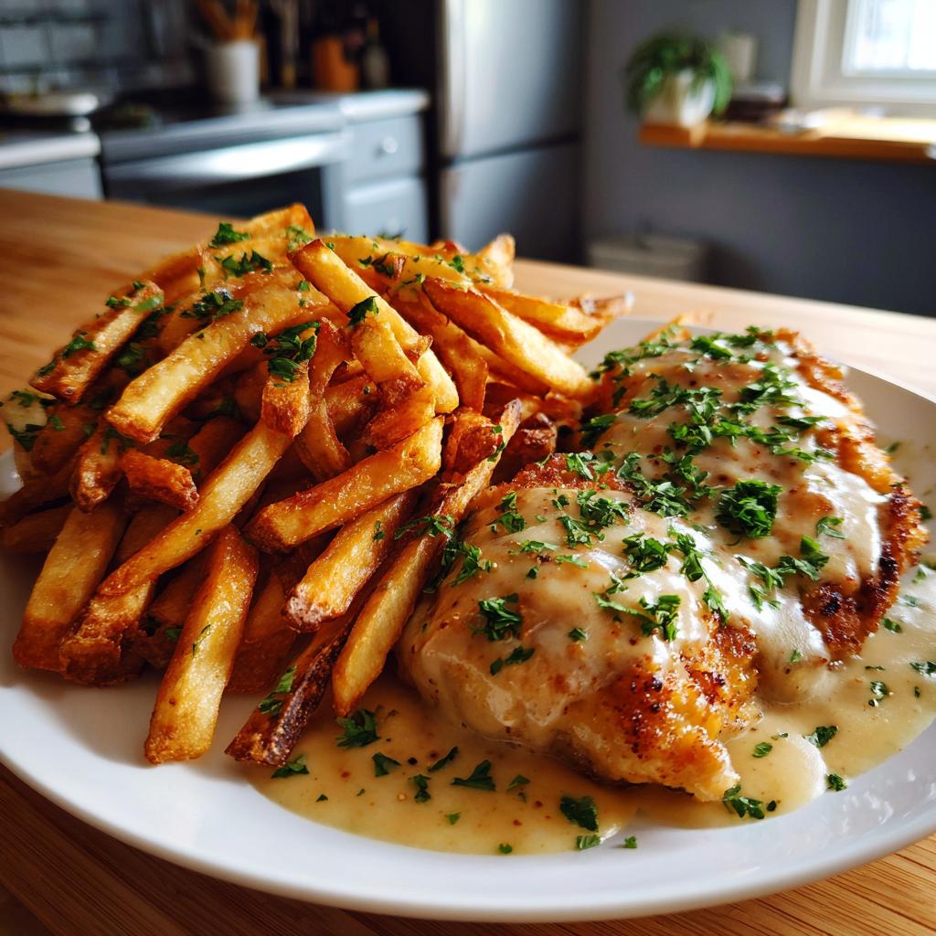 Hähnchenbrust in cremiger Knoblauchsauce mit knusprigen Pommes.