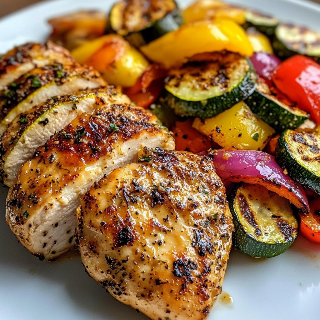 Hähnchenfilet mariniert mit Grillgemüse und Parmesan-Zucchini.