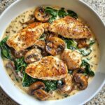 Hähnchenpfanne mit Spinat und Champignons.