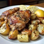 Hähnchenschenkel im Ofen mit Zitronen-Knoblauch und Rosmarinkartoffeln.