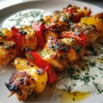 Hähnchenspieße mit Paprika, dazu ein leichter Joghurt-Dip.