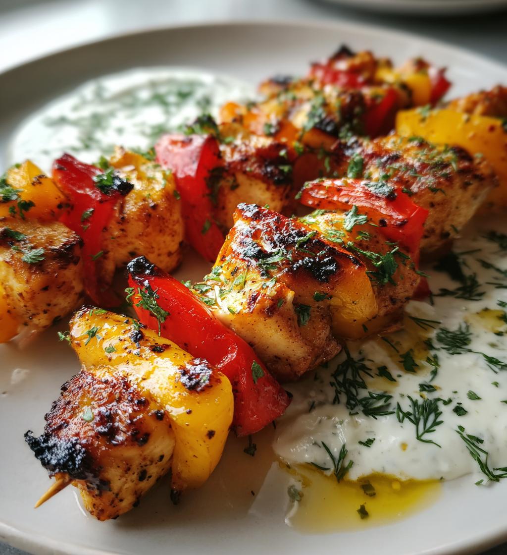 Hähnchenspieße mit Paprika, dazu ein leichter Joghurt-Dip.