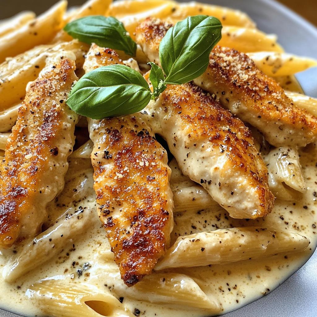Hähnchenstreifen in cremiger Parmesan-Sauce mit Pasta.