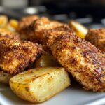 Knusprige Airfryer-Hähnchenstücke mit Kartoffelwedges.