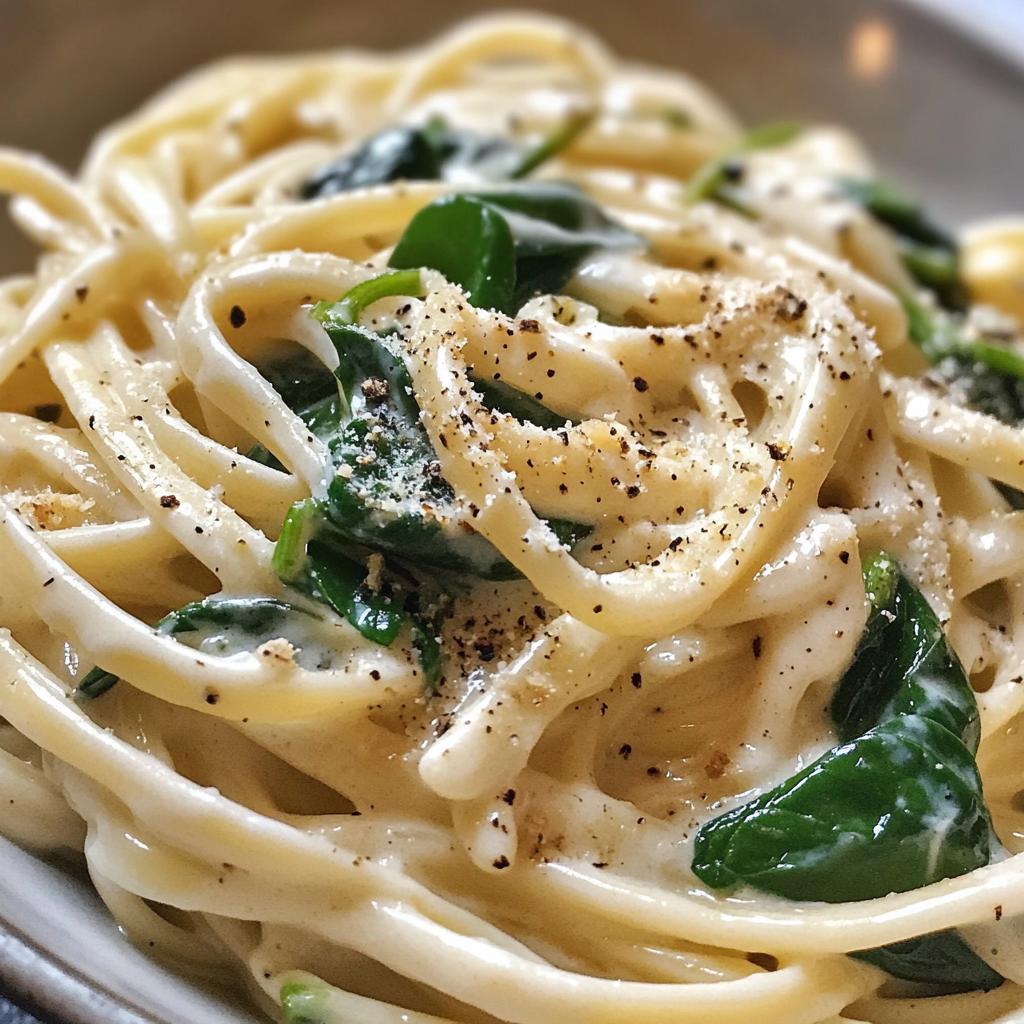 Pasta mit Cremesoße, Spinat und Knoblauch