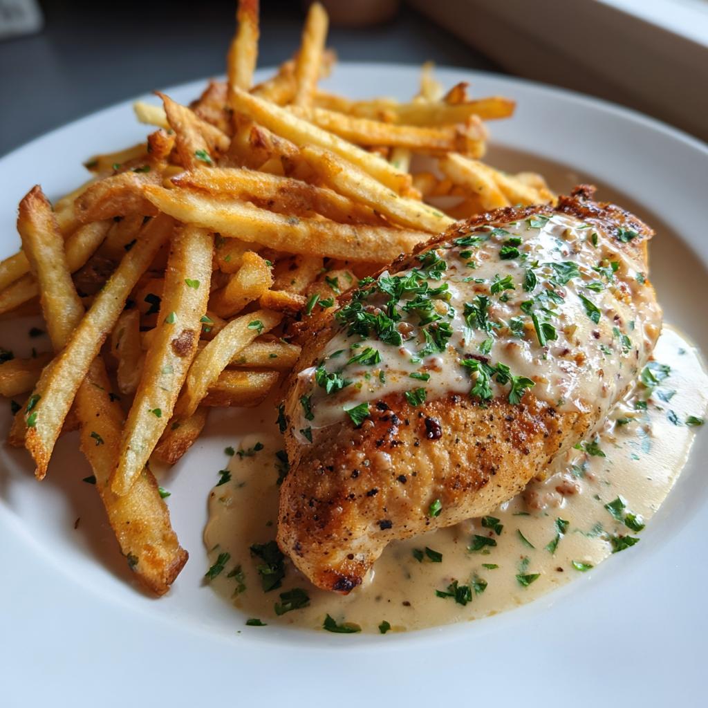 Saftiges Hähnchenbrustfilet in cremiger Knoblauchsauce mit knusprigen Pommes.