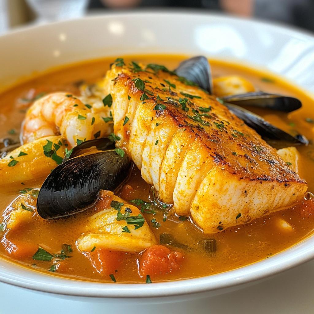 Traditionelle Französische Bouillabaisse (Fischsuppe mit Safran und Meeresfrüchten)