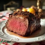 Weihnachtsessen mit gebratenem Rindfleisch und winterlichen Gewürzen.