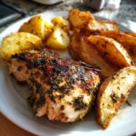Zartes Hähnchen in Kräuter-Marinade, serviert mit Ofenkartoffeln.