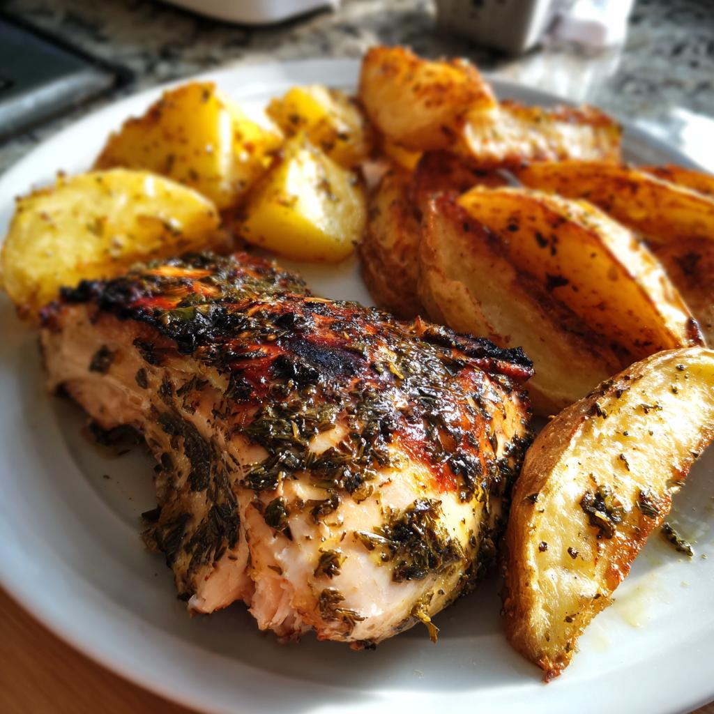 Zartes Hähnchen in Kräuter-Marinade, serviert mit Ofenkartoffeln.
