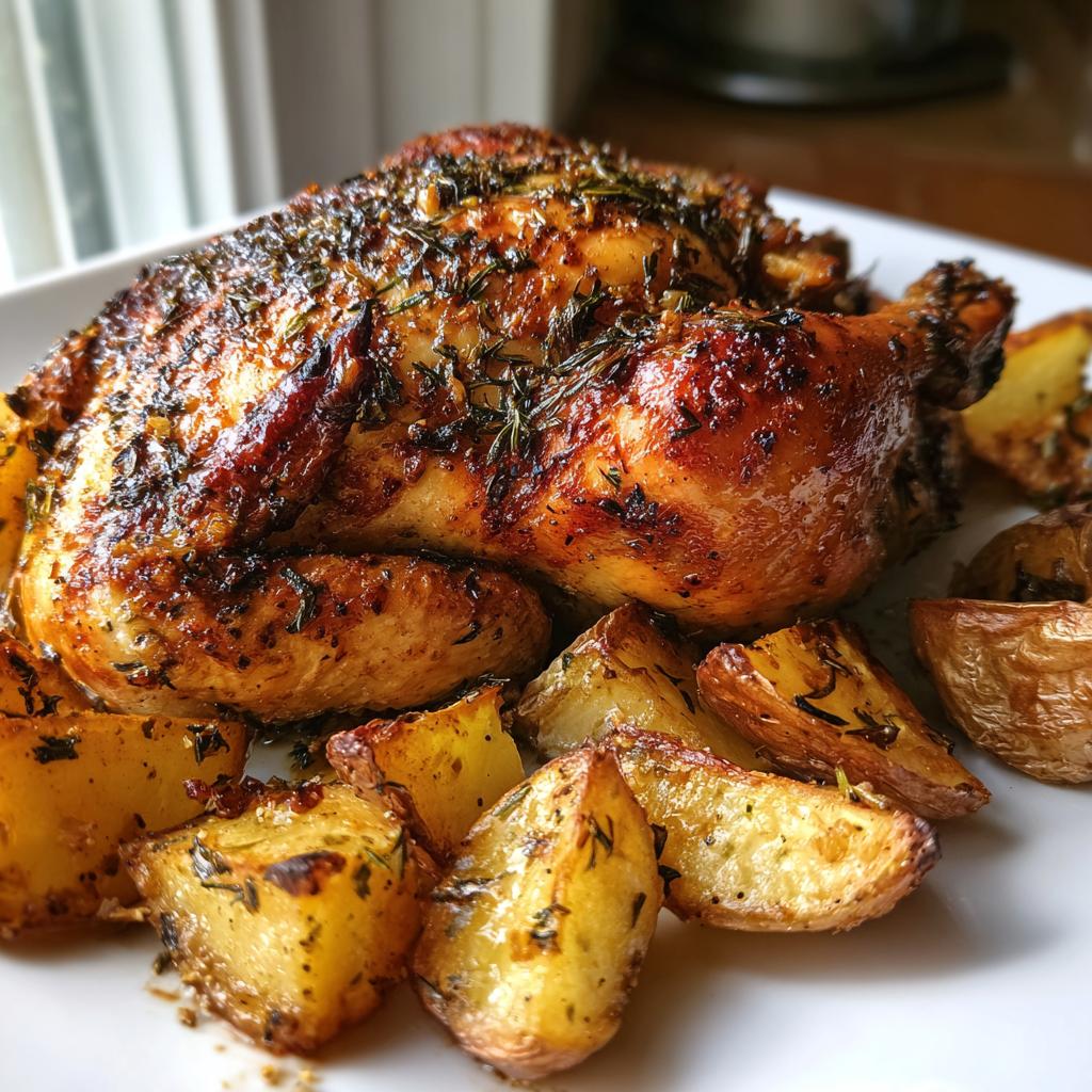 Zartes Hähnchen in Kräutermarinade mit Ofenkartoffeln.
