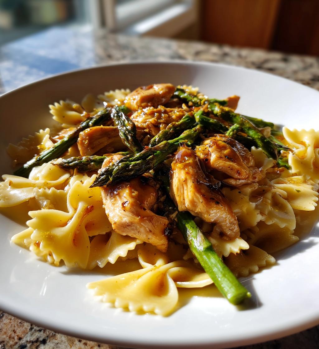 Zitronen-Knoblauch-Hähnchen mit Spargel und cremiger Schleifenpasta
