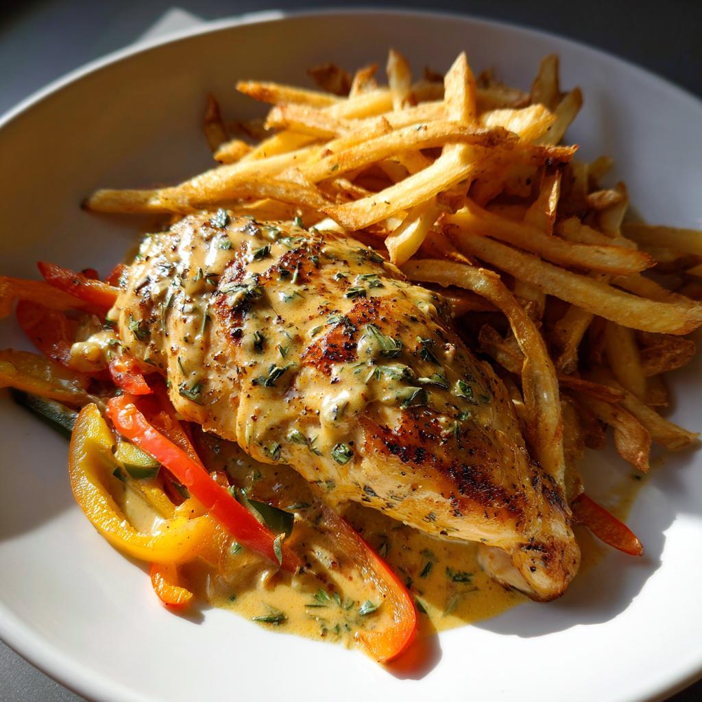 Gebratenes Hähnchenfilet in cremiger Knoblauchsauce mit Pommes und Paprika