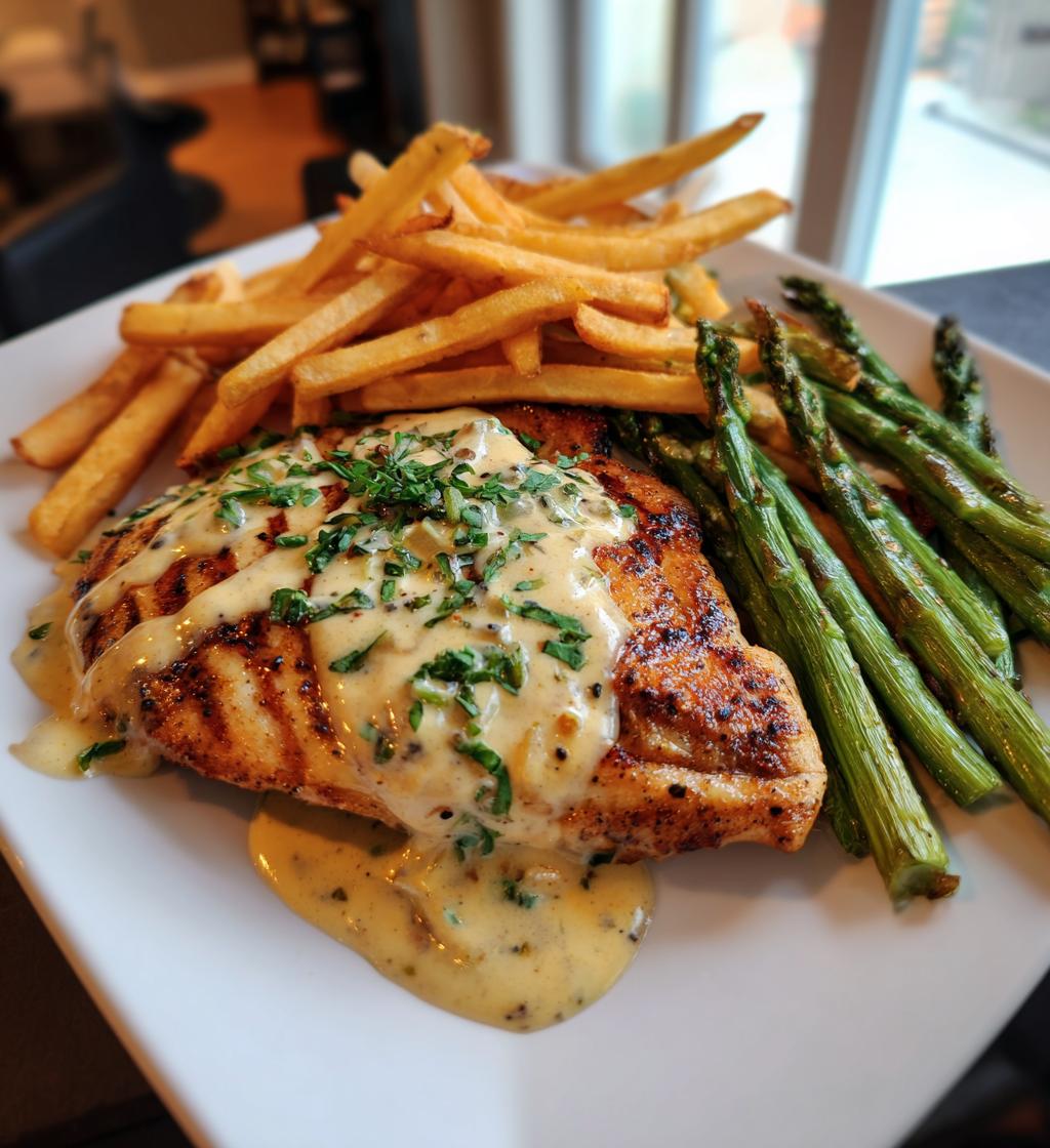 Gebratenes Hähnchenfilet mit cremiger Knoblauchsauce, Pommes und gegrilltem Spargel