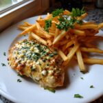 Hähnchenfilet in Knoblauch-Parmesan-Sauce mit Pommes und frischer Petersilie