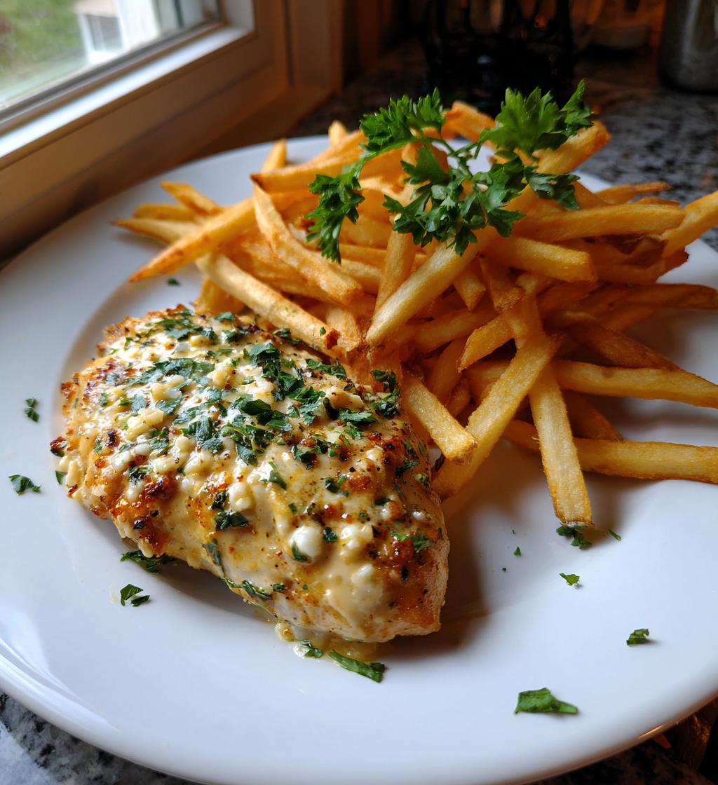 Hähnchenfilet in Knoblauch-Parmesan-Sauce mit Pommes und frischer Petersilie