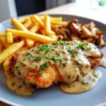 Hähnchenfilet in cremiger Knoblauchsauce mit Pommes und gebratenen Champignons