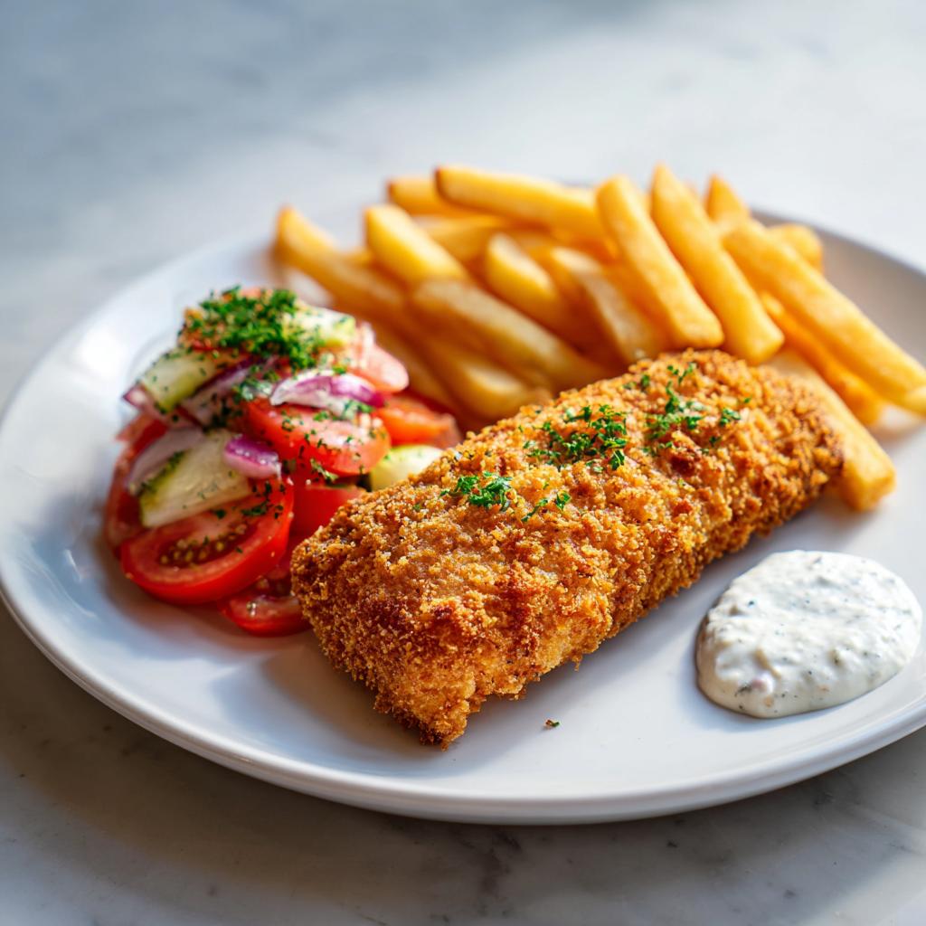 Knuspriges Hähnchenfilet mit cremiger Knoblauchsauce, Pommes und Tomatensalat
