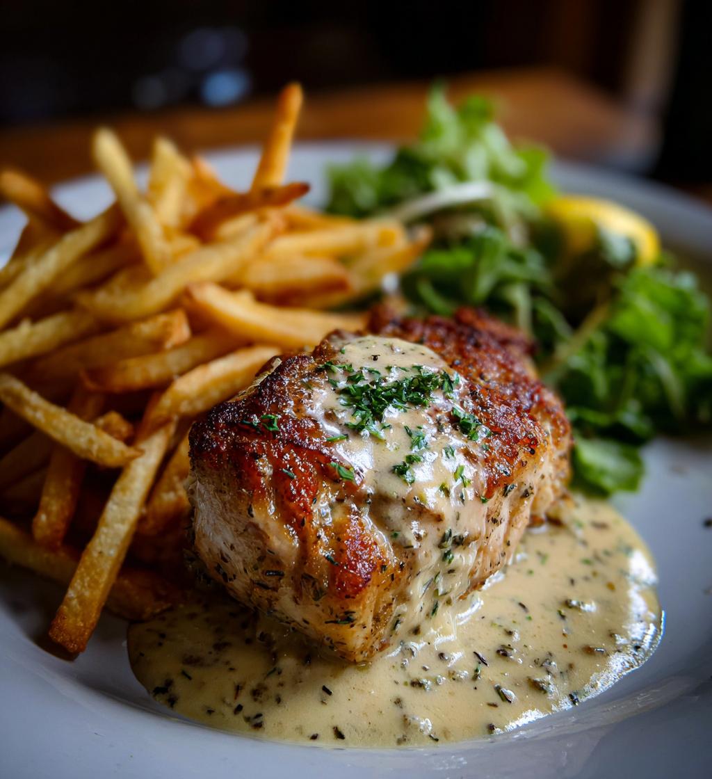 Saftiges Hähnchenfilet in Knoblauchrahmsauce mit Pommes und grünem Salat