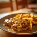 Saftiges Hähnchenfilet in cremiger Knoblauchsauce mit Pommes frites