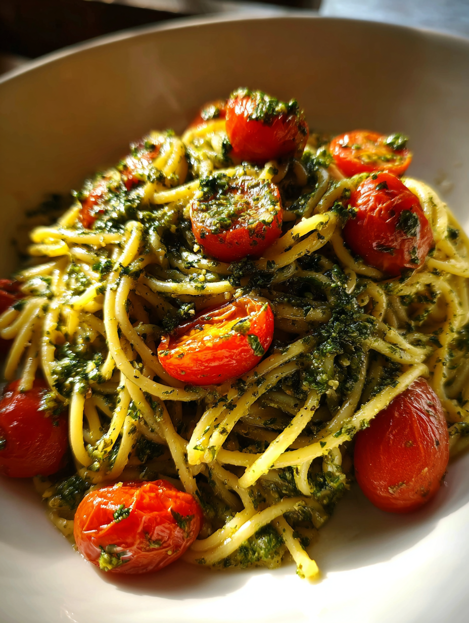 aufgegabelt rezepte: Einfache Spaghetti mit Pesto und Kirschtomaten