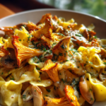 pfifferlinge klassisch rezept: leckere Pfifferlinge in Sahnesauce mit Bandnudeln