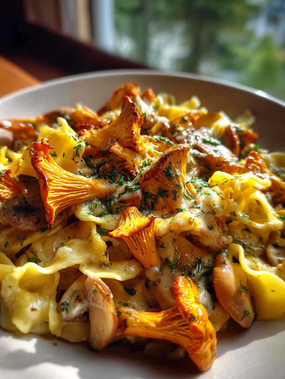 pfifferlinge klassisch rezept: leckere Pfifferlinge in Sahnesauce mit Bandnudeln