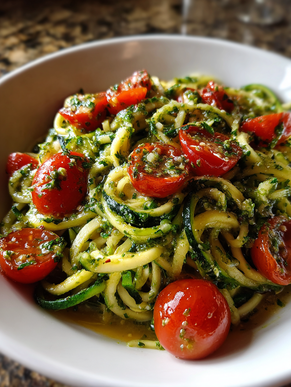 rezept mit zucchini: Einfache Zucchini-Nudeln mit Pesto und Kirschtomaten
