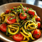 rezept von zucchini: einfache Zucchini-Nudeln mit Pesto und Kirschtomaten