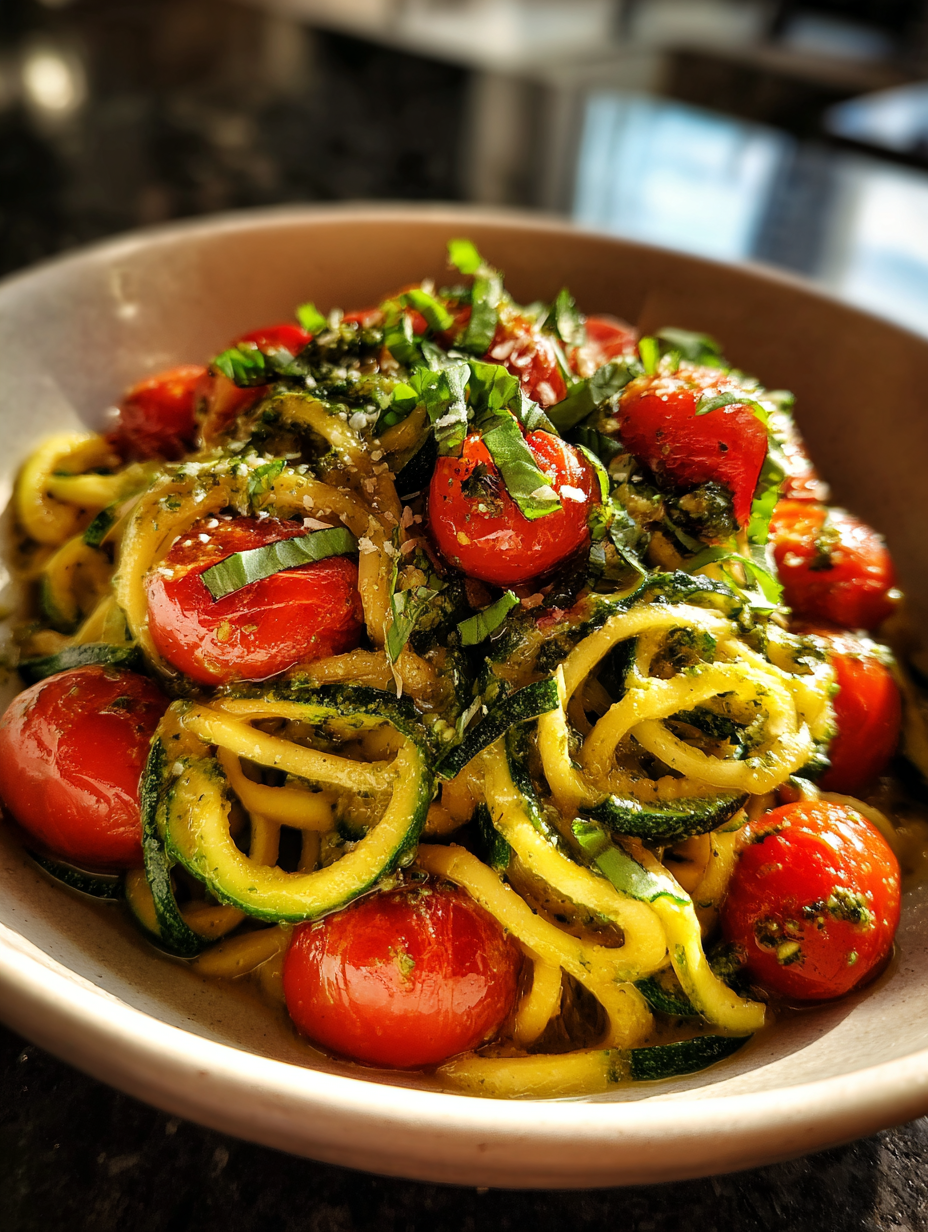 rezept von zucchini: einfache Zucchini-Nudeln mit Pesto und Kirschtomaten
