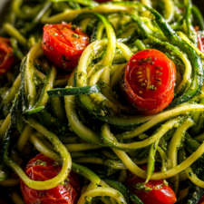 rezepte mit zucchini: einfache Zucchini-Nudeln mit Pesto und Kirschtomaten