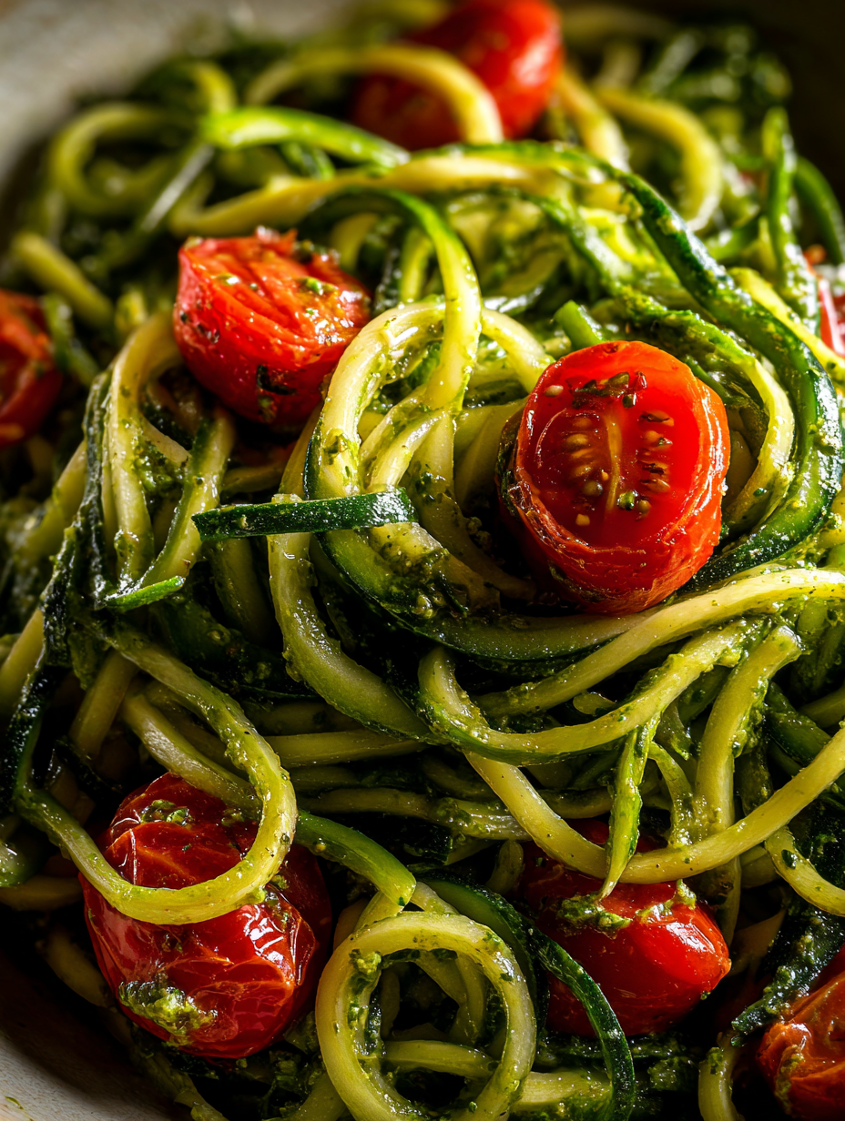 rezepte mit zucchini: einfache Zucchini-Nudeln mit Pesto und Kirschtomaten