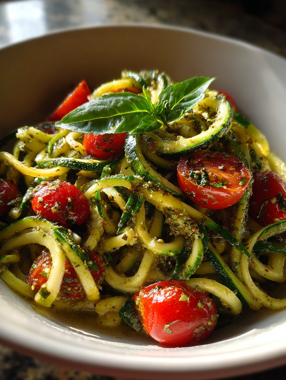 rezepte mit zucchini: einfache Zucchini-Nudeln mit Pesto und Kirschtomaten