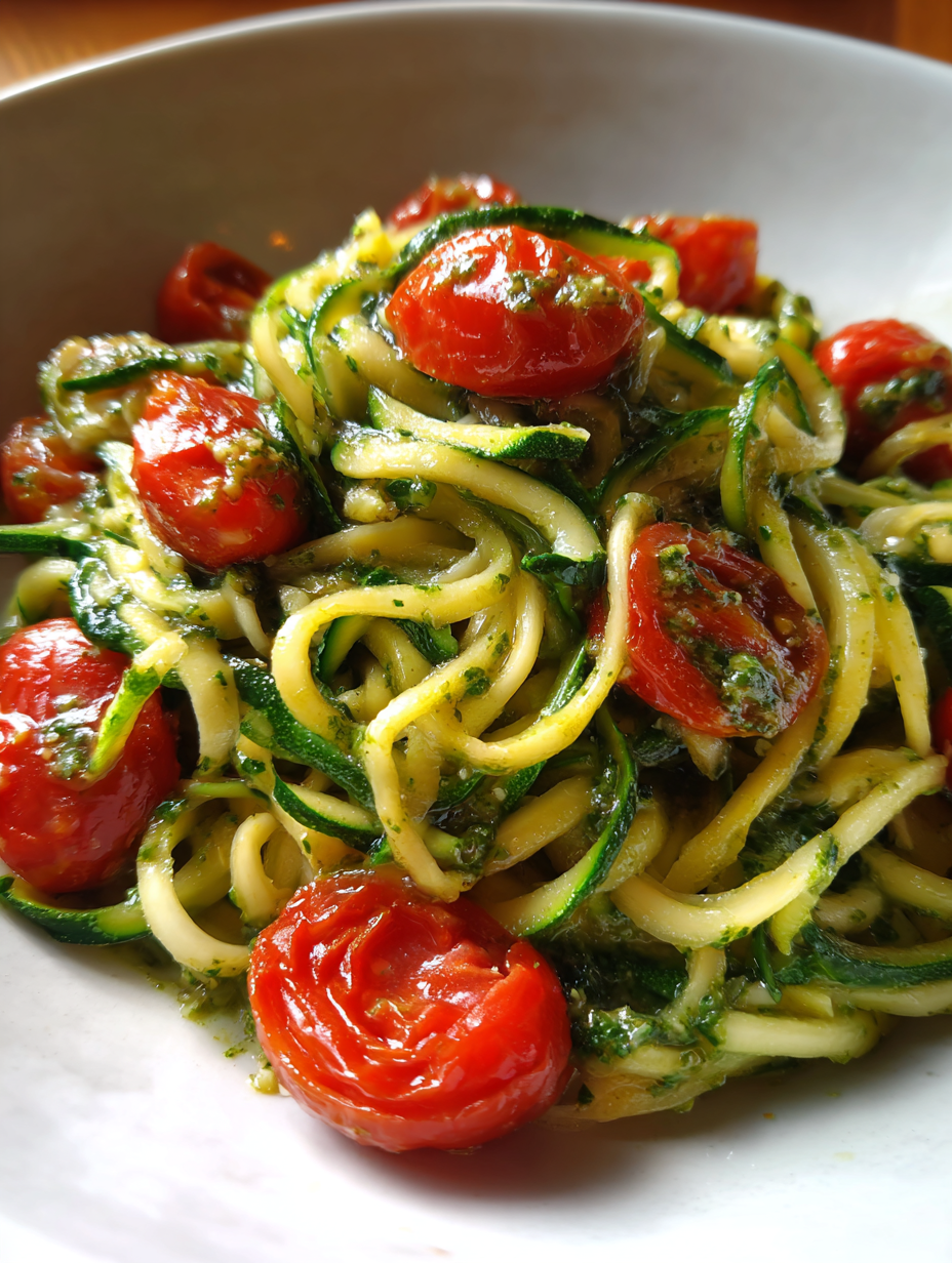 rezepte zucchini: Leckere Zucchini-Nudeln mit Pesto und Kirschtomaten