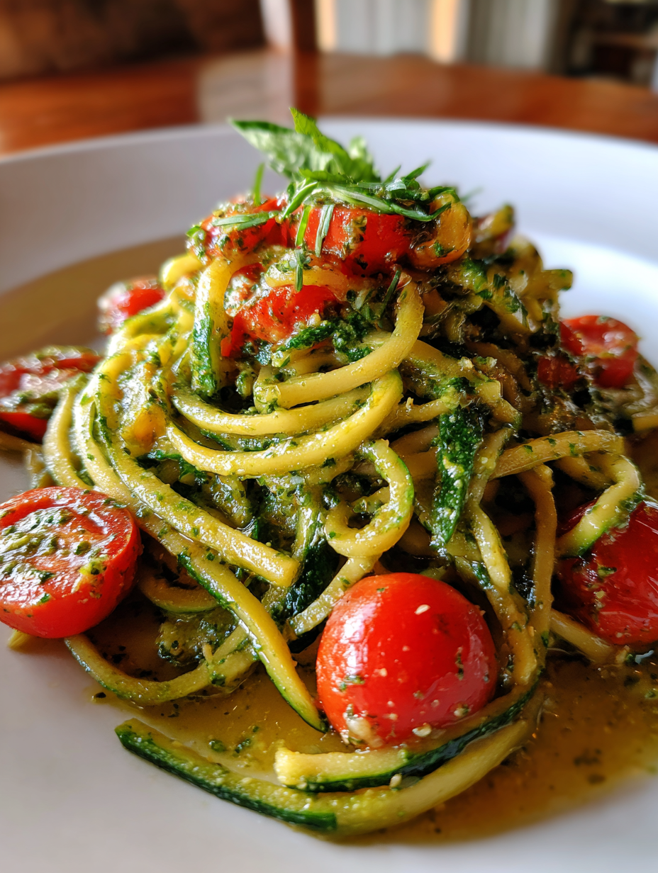 zucchini rezept: köstliche Nudeln mit Pesto und Kirschtomaten