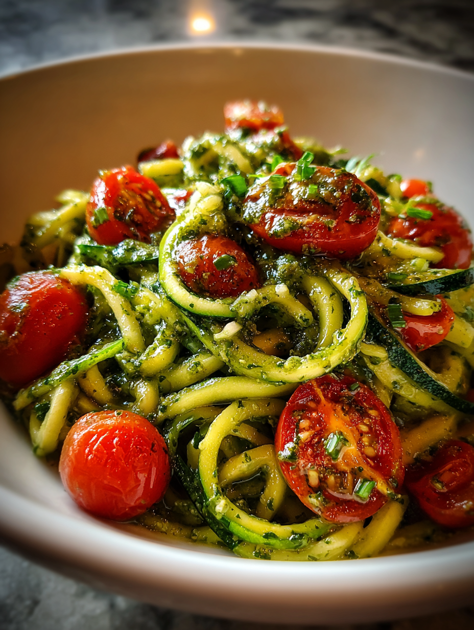 zucchini rezepte schnell: Einfache Zucchini-Nudeln mit Pesto und Kirschtomaten