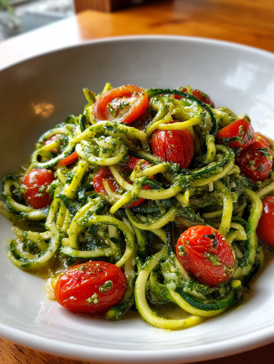 zucchini rezepte schnell: köstliche Zucchini-Nudeln mit Pesto und Kirschtomaten