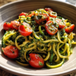 zucchini rezepte: Einfache Zucchini-Nudeln mit Pesto und Kirschtomaten