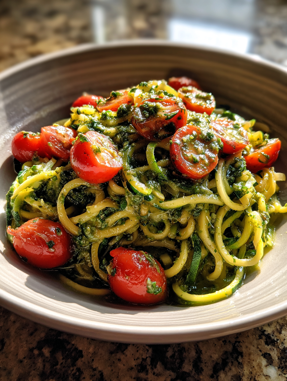 zucchini rezepte: Einfache Zucchini-Nudeln mit Pesto und Kirschtomaten