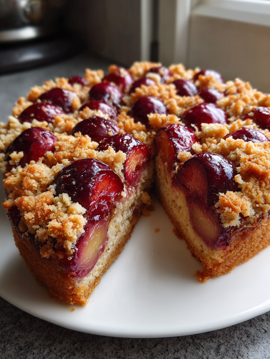zwetschgenkuchen auf dem blech: saftiger Kuchen mit Streuseln