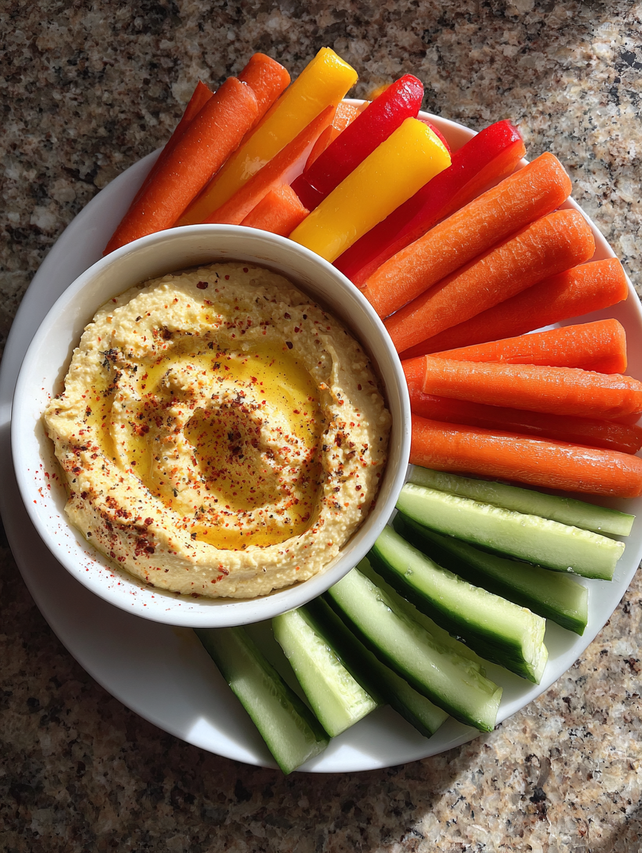 Gesunde Snacks für die Schule: Bunte Gemüse-Sticks mit cremigem Hummus