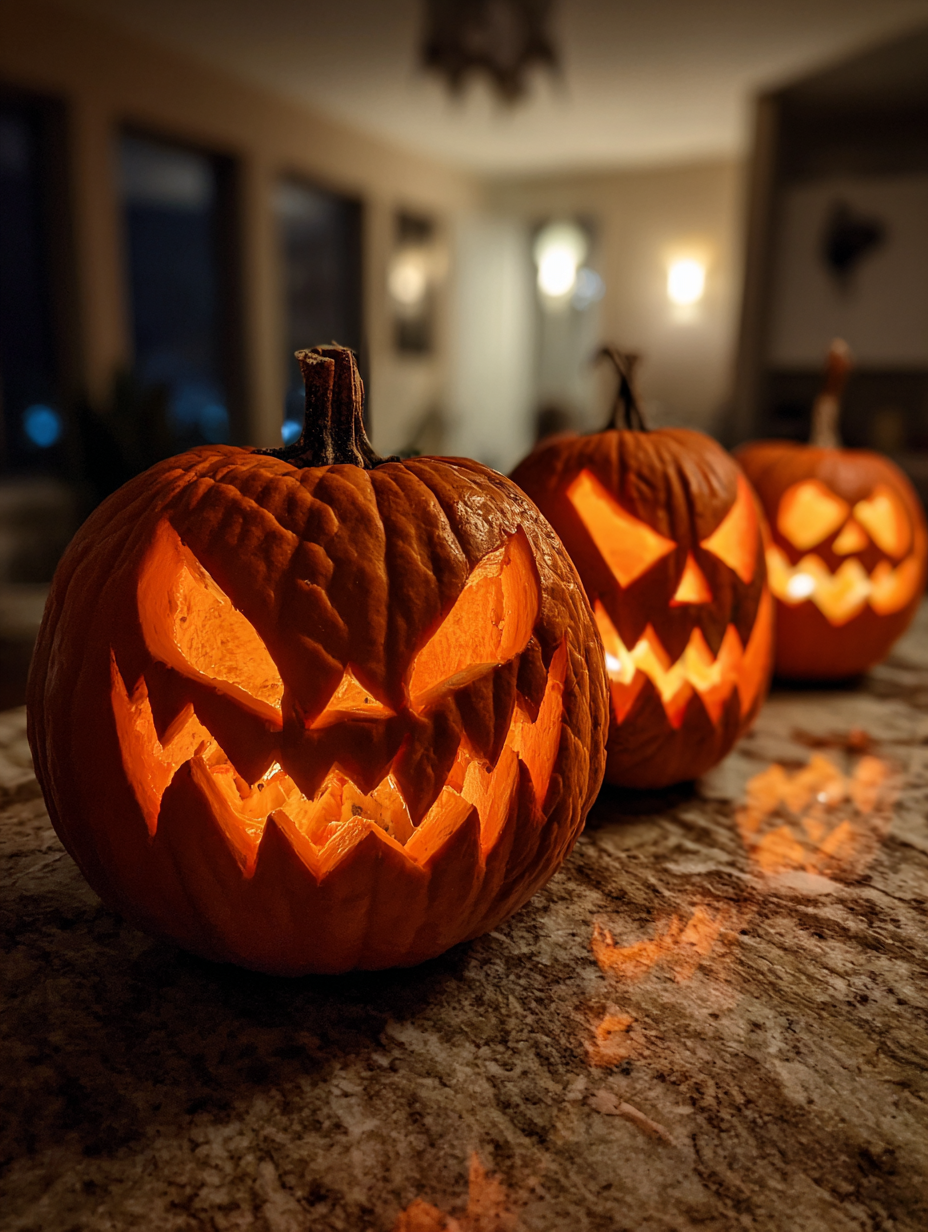 Halloween Kürbis schnitzen Ideen: Gruselige Gesichter mit Kerzenlicht