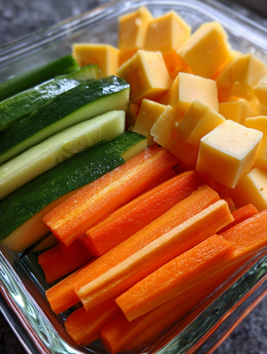 Jausenbox Ideen Grundschule: Bunte Jausenbox mit Käse- und Gemüsesticks